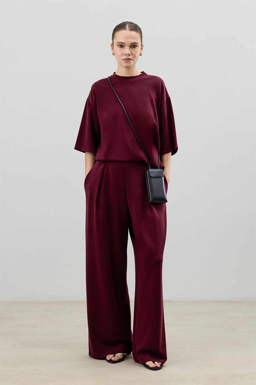 Antioch Bordo Modal Karışımlı T-Shirt Pantolon Kadın Takım