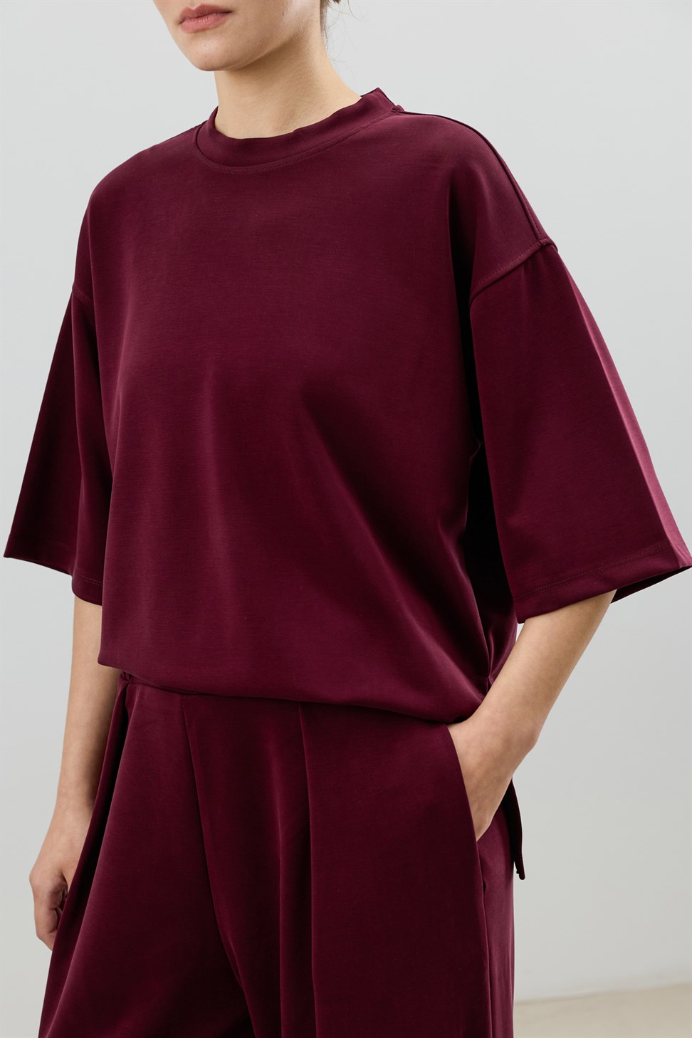 Antioch Bordo Modal Karışımlı T-Shirt Pantolon Kadın Takım