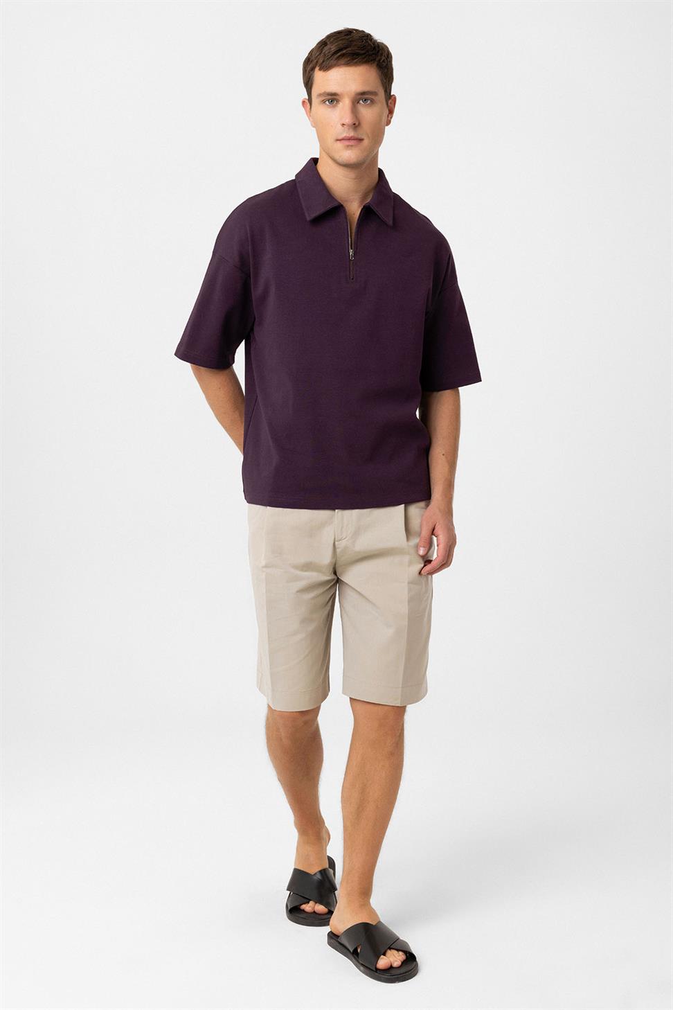Antioch Bordo Oversize Polo Yaka Fermuarlı Erkek T-Shirt