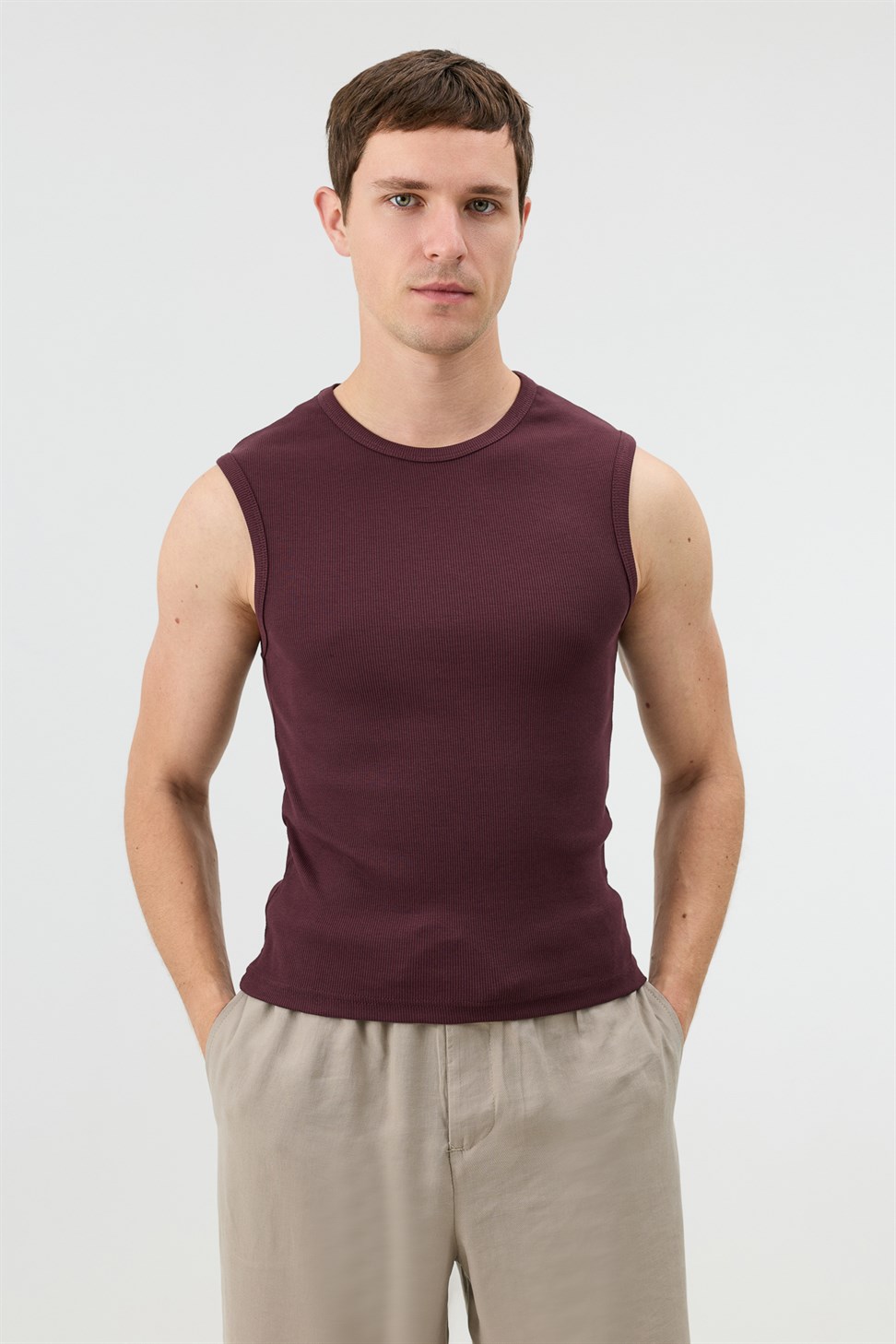 Antioch Bordo Pamuklu Kolsuz Erkek T-Shirt