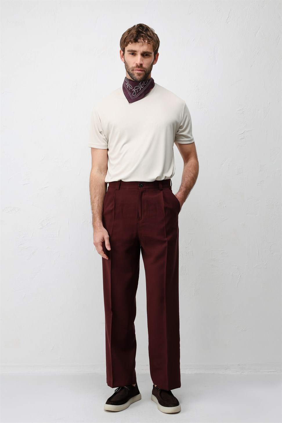Antioch Bordo Pileli Relaxed Fit Erkek Pantolon