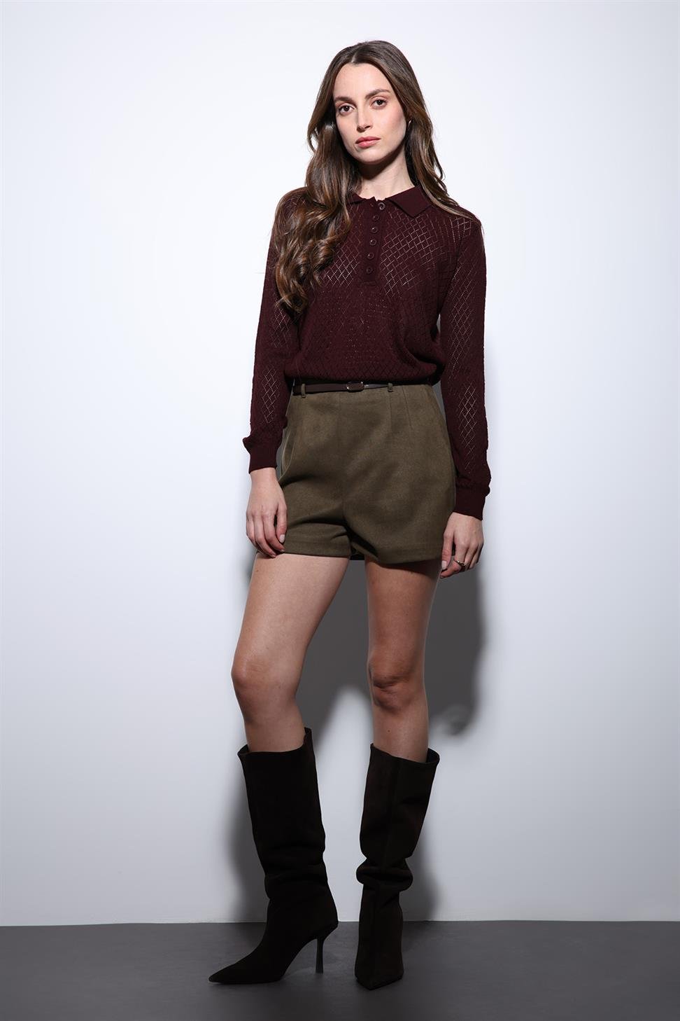 Antioch Bordo Polo Yaka Desenli Triko Kadın Kazak