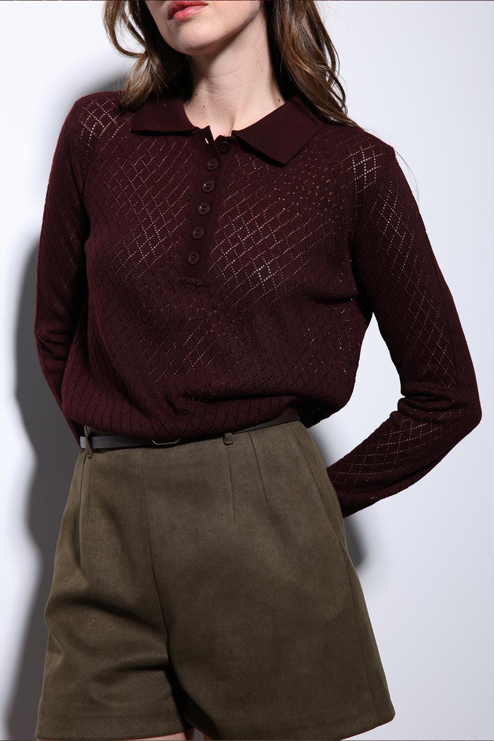 Antioch Bordo Polo Yaka Desenli Triko Kadın Kazak