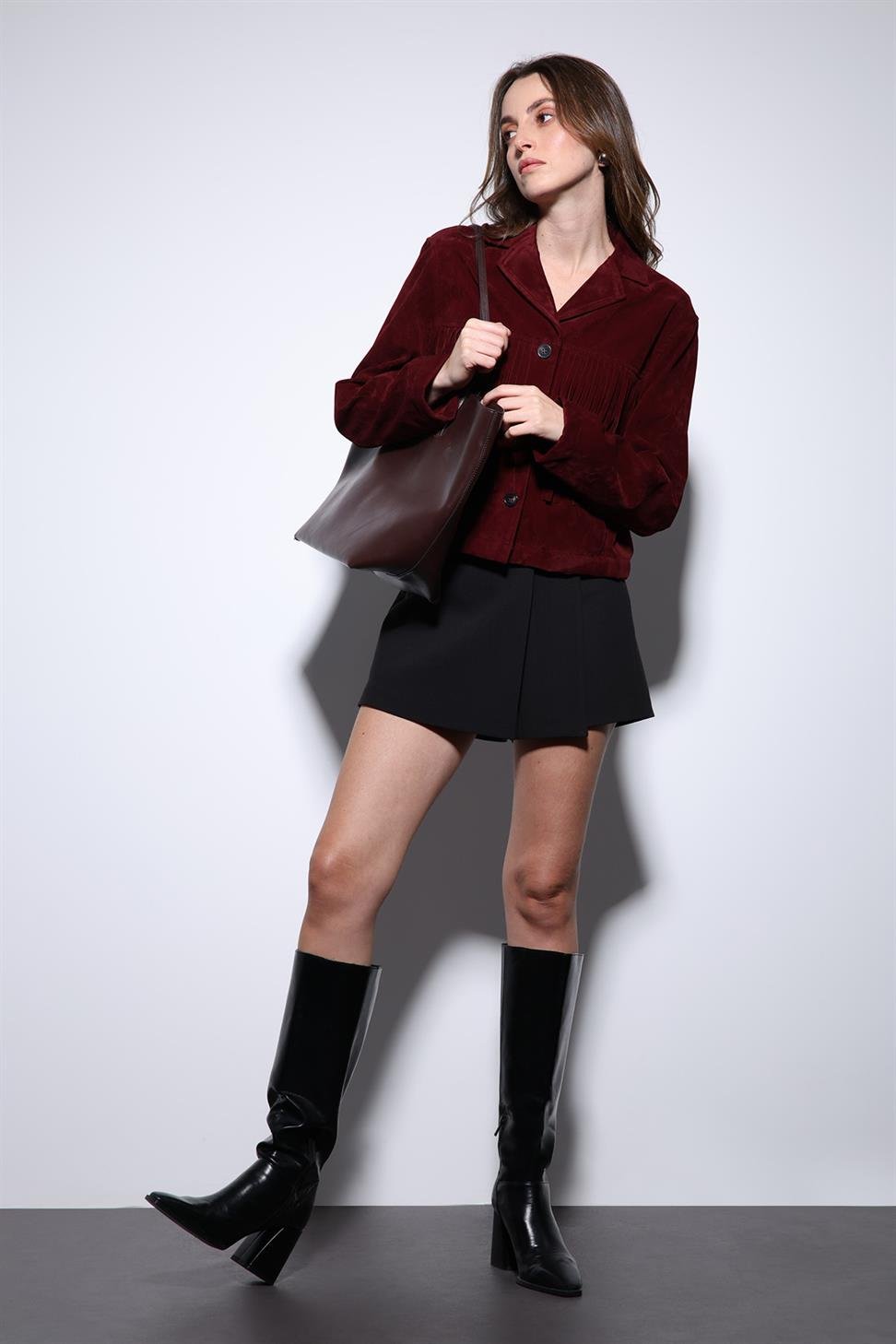 Antioch Bordo Püskül Detaylı Süet Kadın Ceket
