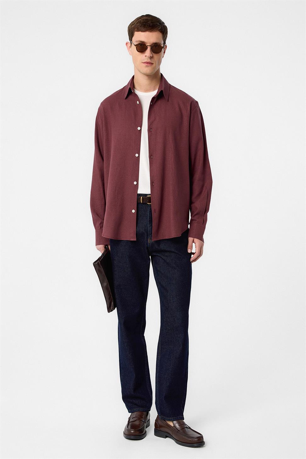 Antioch Bordo Relax Fit Keten Karışımlı Erkek Gömlek
