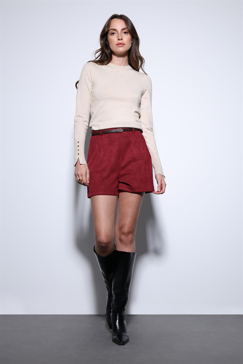 Antioch Bordo Süet Görünümlü Pileli Kadın Şort