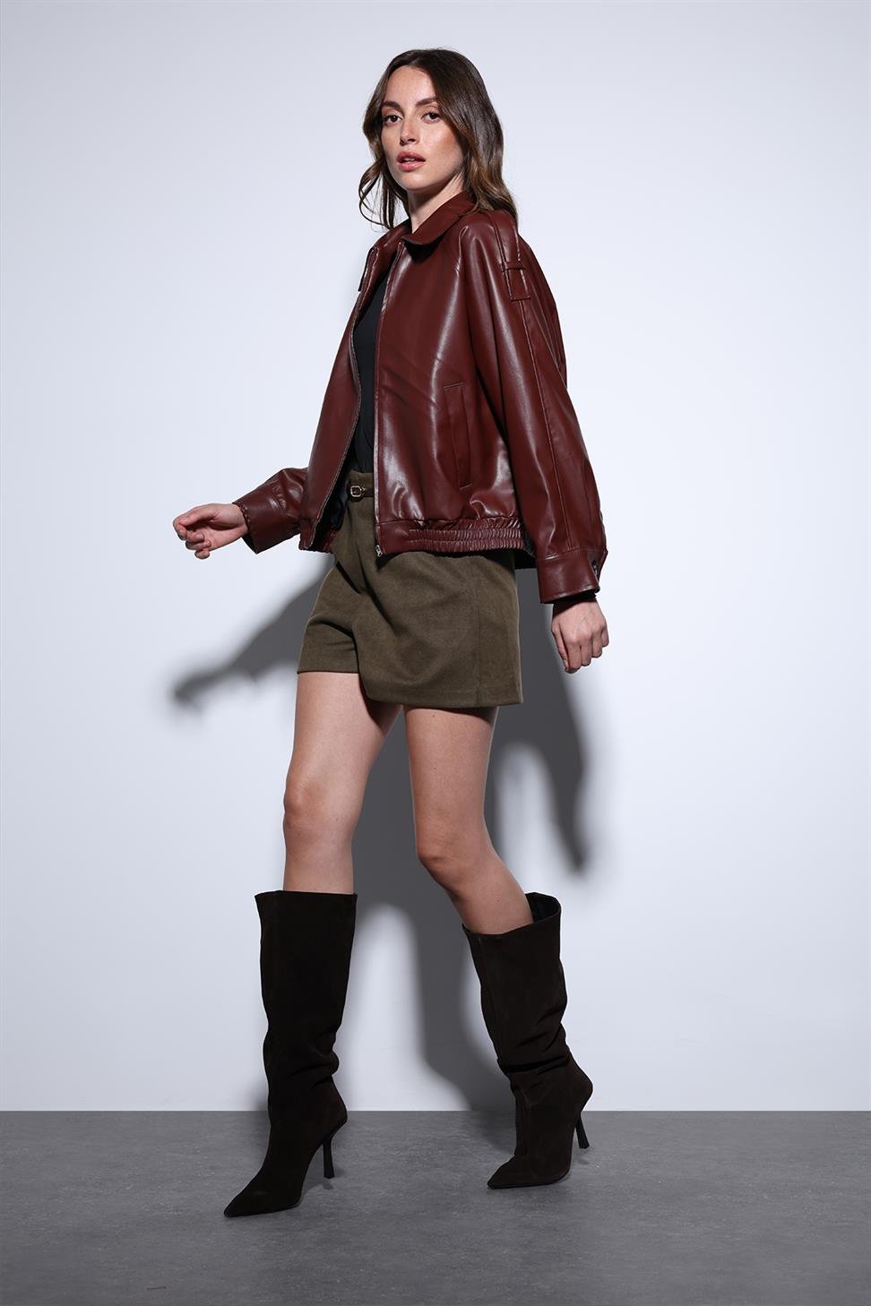 Antioch Bordo Suni Deri Bomber Ceket