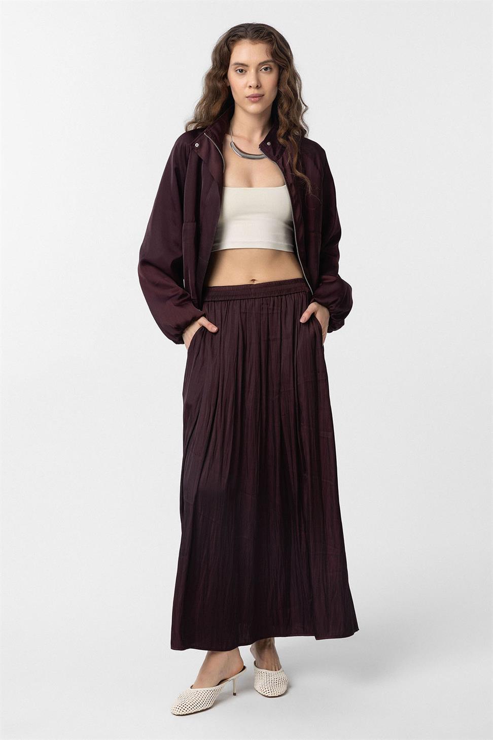 Antioch Bordo Uzun Dökümlü Pilili Kadın Etek