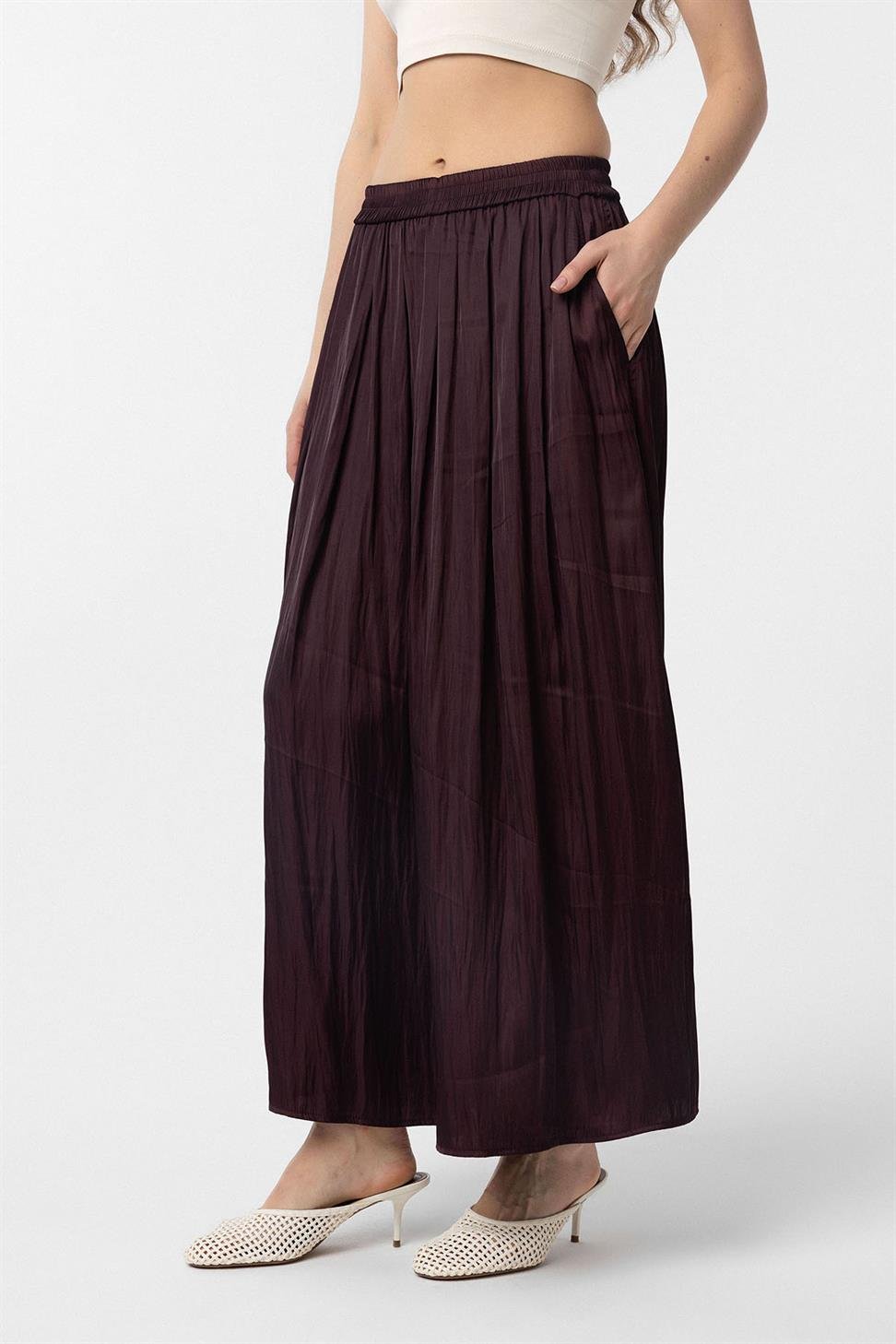 Antioch Bordo Uzun Dökümlü Pilili Kadın Etek