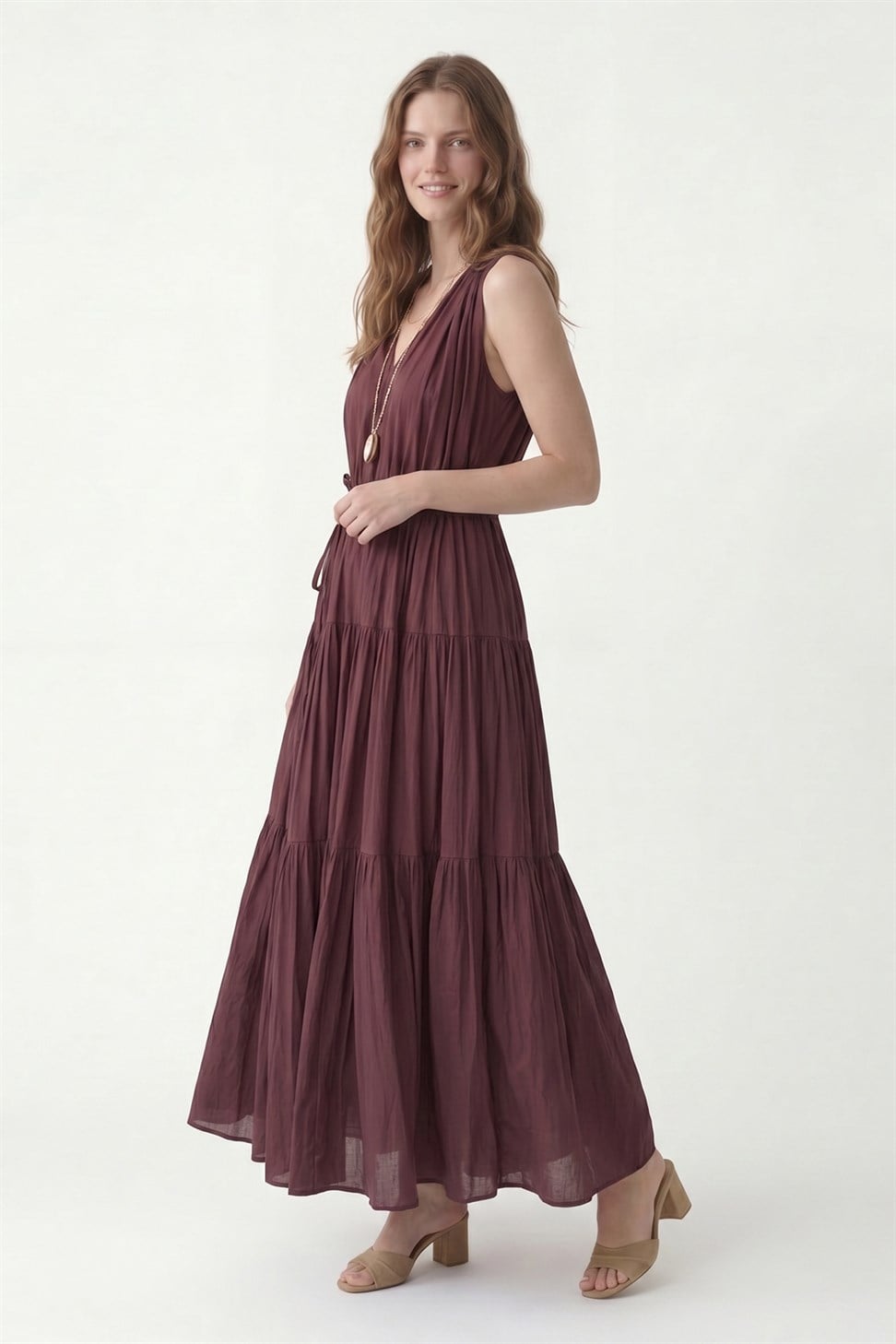 Antioch Bordo Vual Pamuk Kadın Midi Elbise