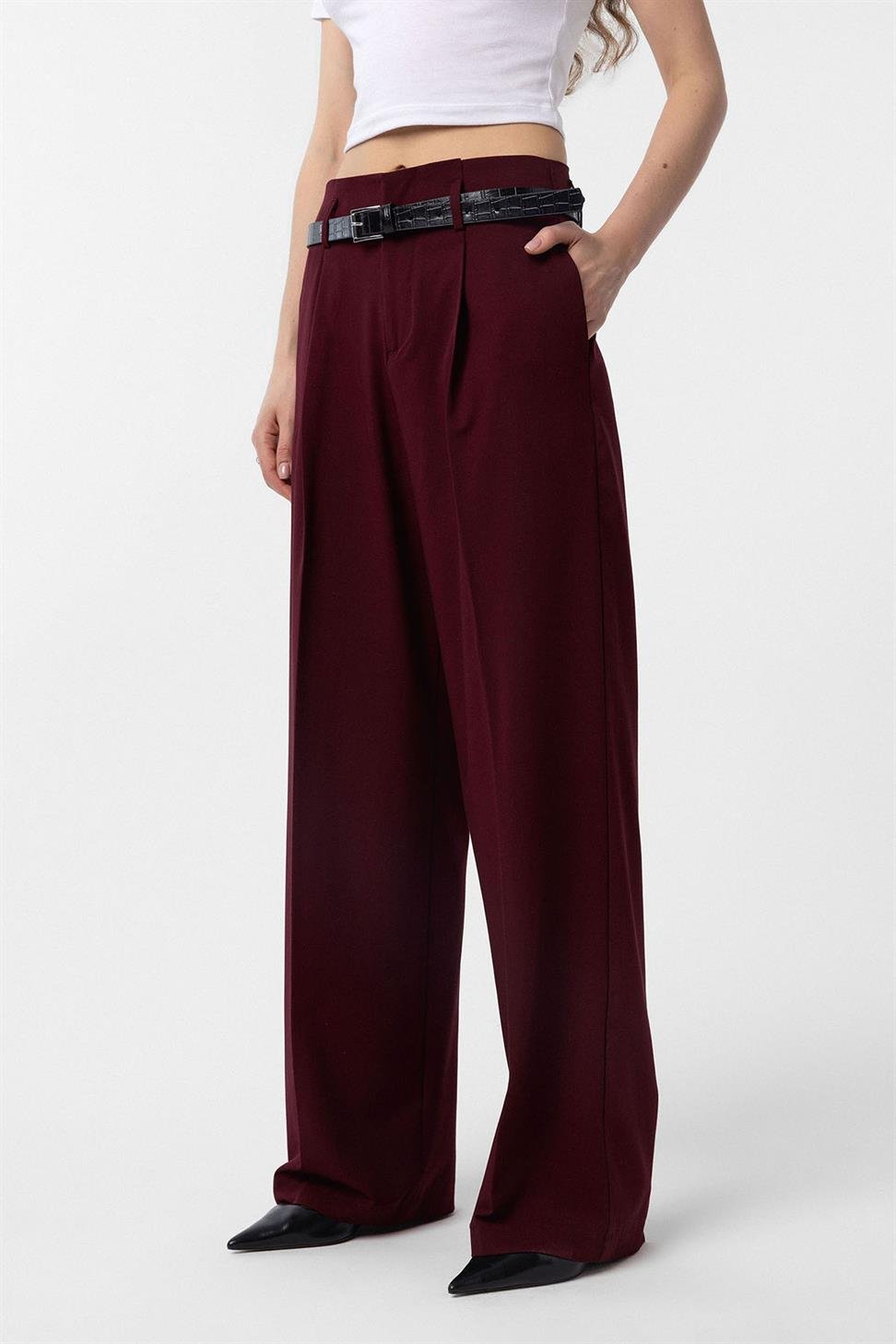 Antioch Bordo Yüksek Bel Pilili Kadın Pantolon