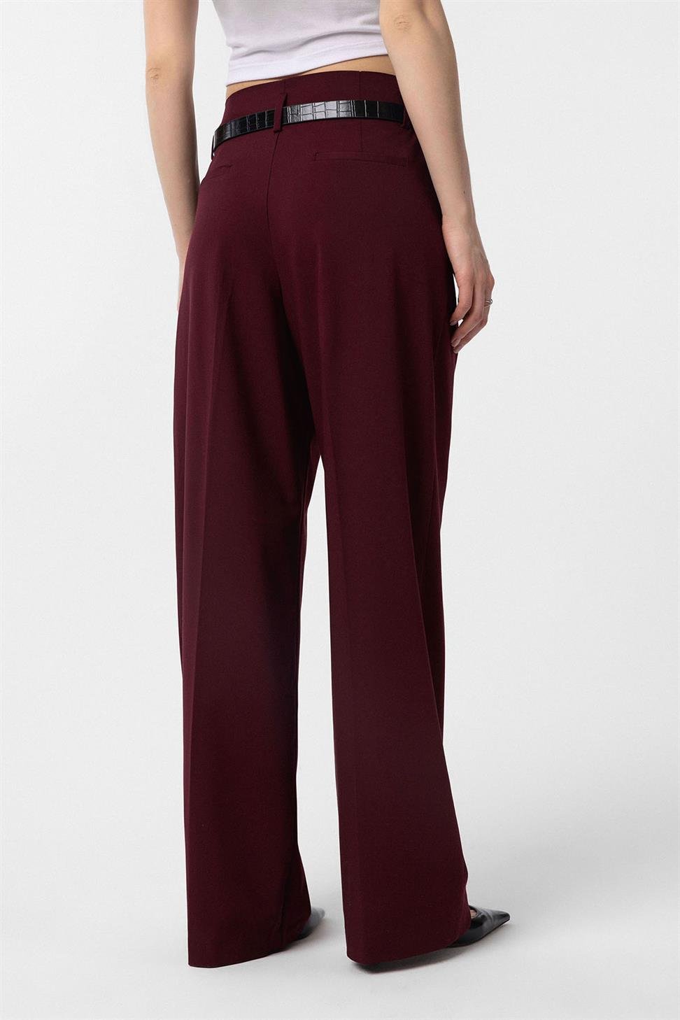Antioch Bordo Yüksek Bel Pilili Kadın Pantolon