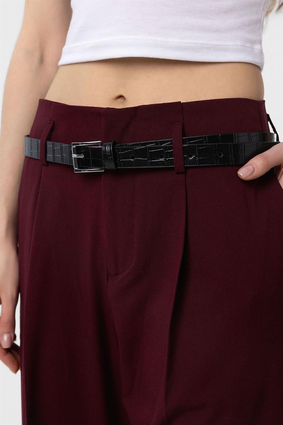 Antioch Bordo Yüksek Bel Pilili Kadın Pantolon