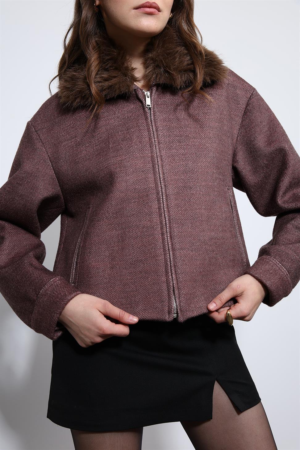 Antioch Bordo Yün Karışımlı Suni Kürk Yaka Ceket