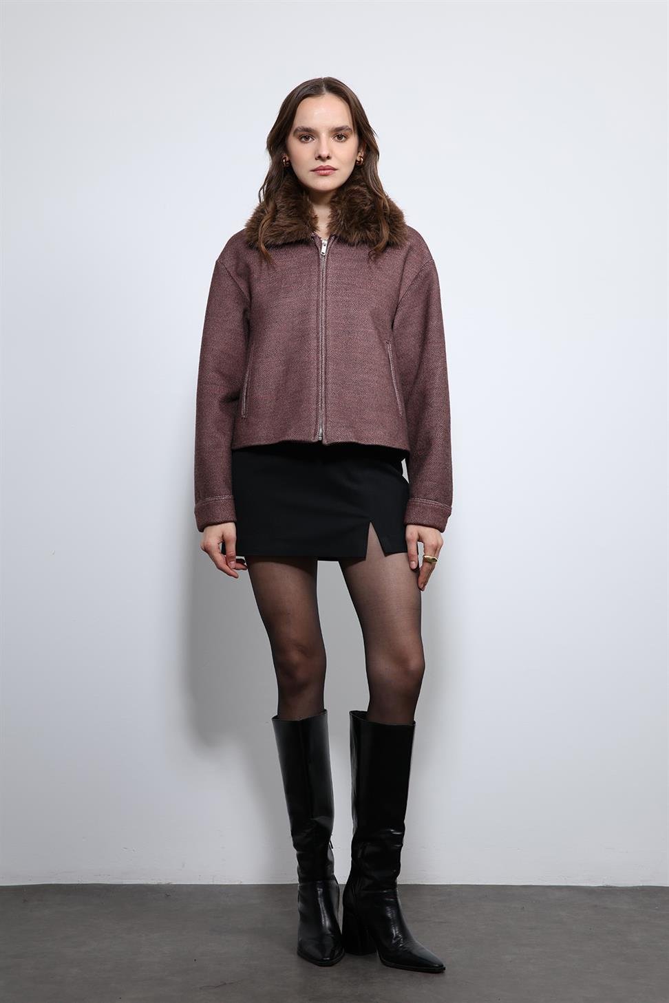 Antioch Bordo Yün Karışımlı Suni Kürk Yaka Ceket