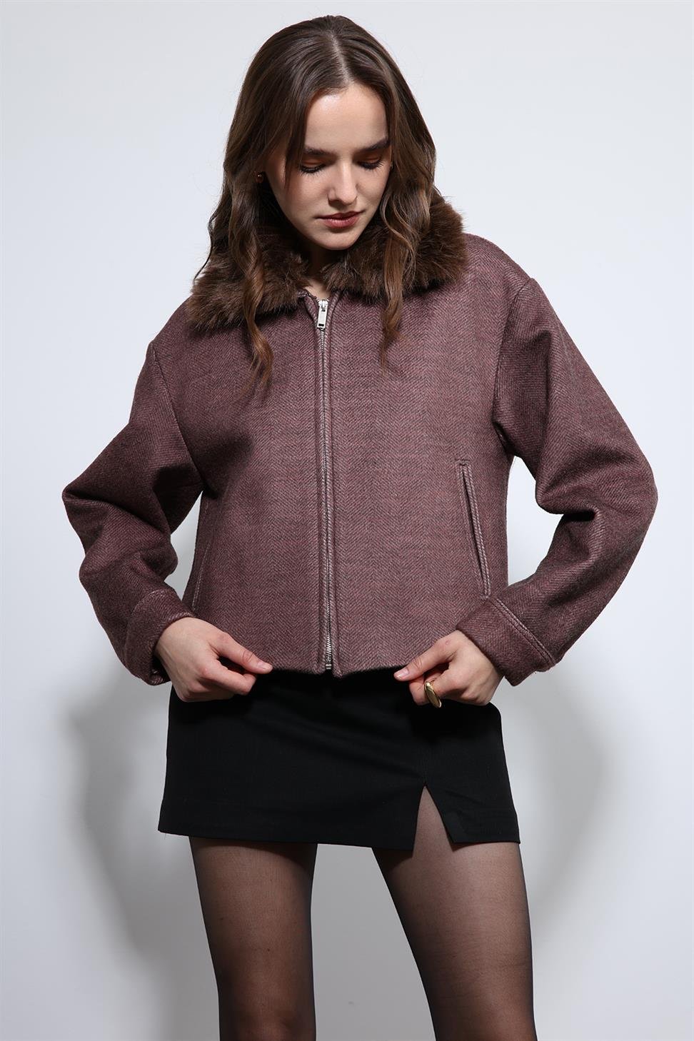 Antioch Bordo Yün Karışımlı Suni Kürk Yaka Ceket