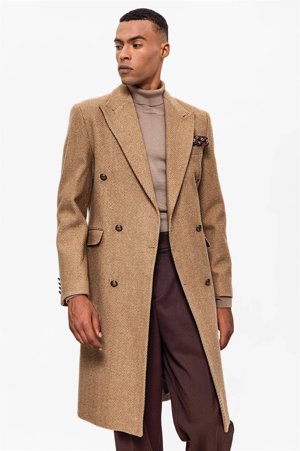 Antioch Camel Balıksırtı Desenli Kruvaze Erkek Kaban