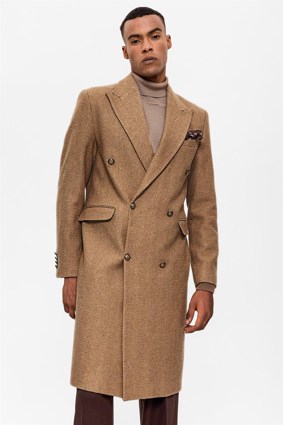 Antioch Camel Balıksırtı Desenli Kruvaze Erkek Kaban