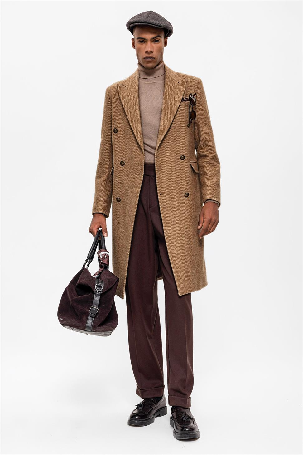 Antioch Camel Balıksırtı Desenli Kruvaze Erkek Kaban