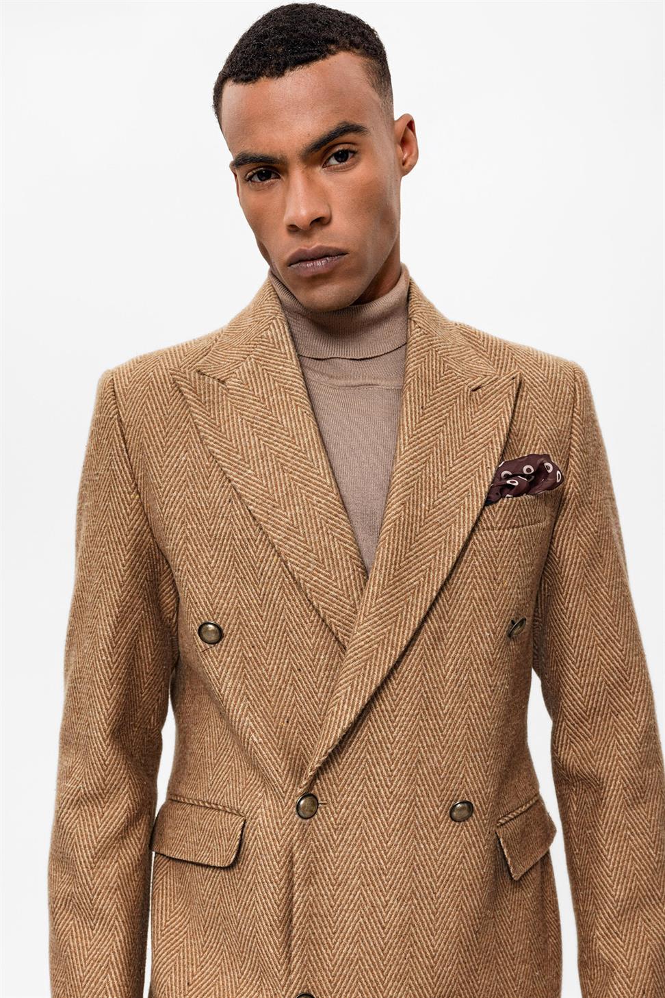 Antioch Camel Balıksırtı Desenli Kruvaze Erkek Kaban