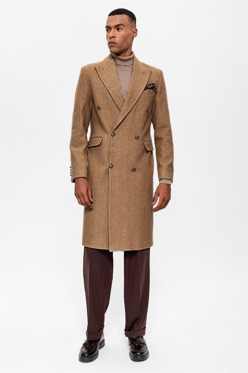 Antioch Camel Balıksırtı Desenli Kruvaze Erkek Kaban