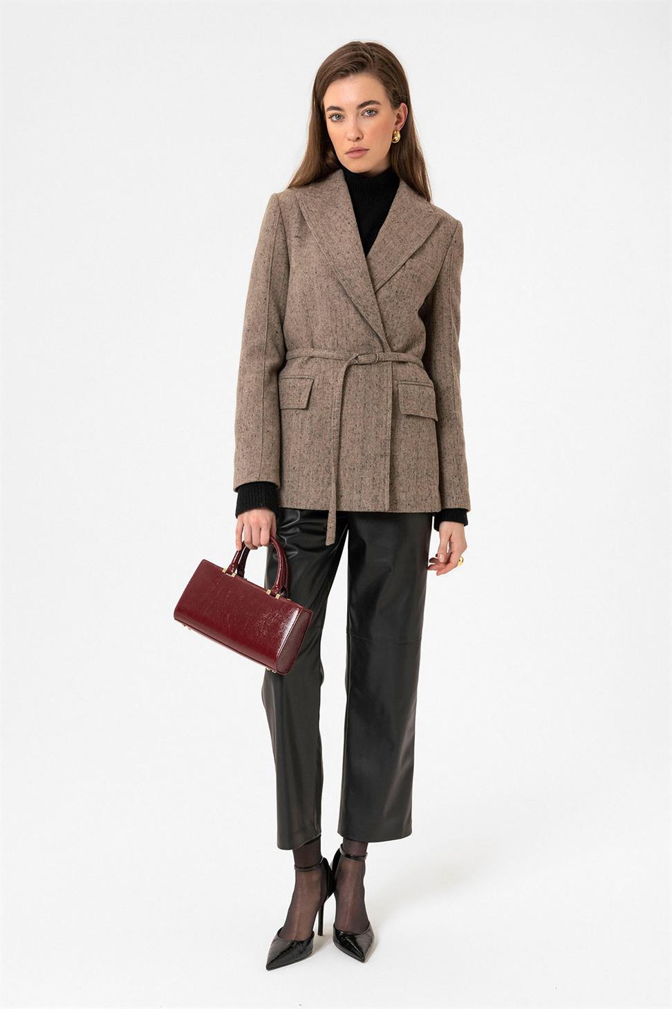 Antioch Camel Kadın Kemerli Dokulu Blazer Ceket