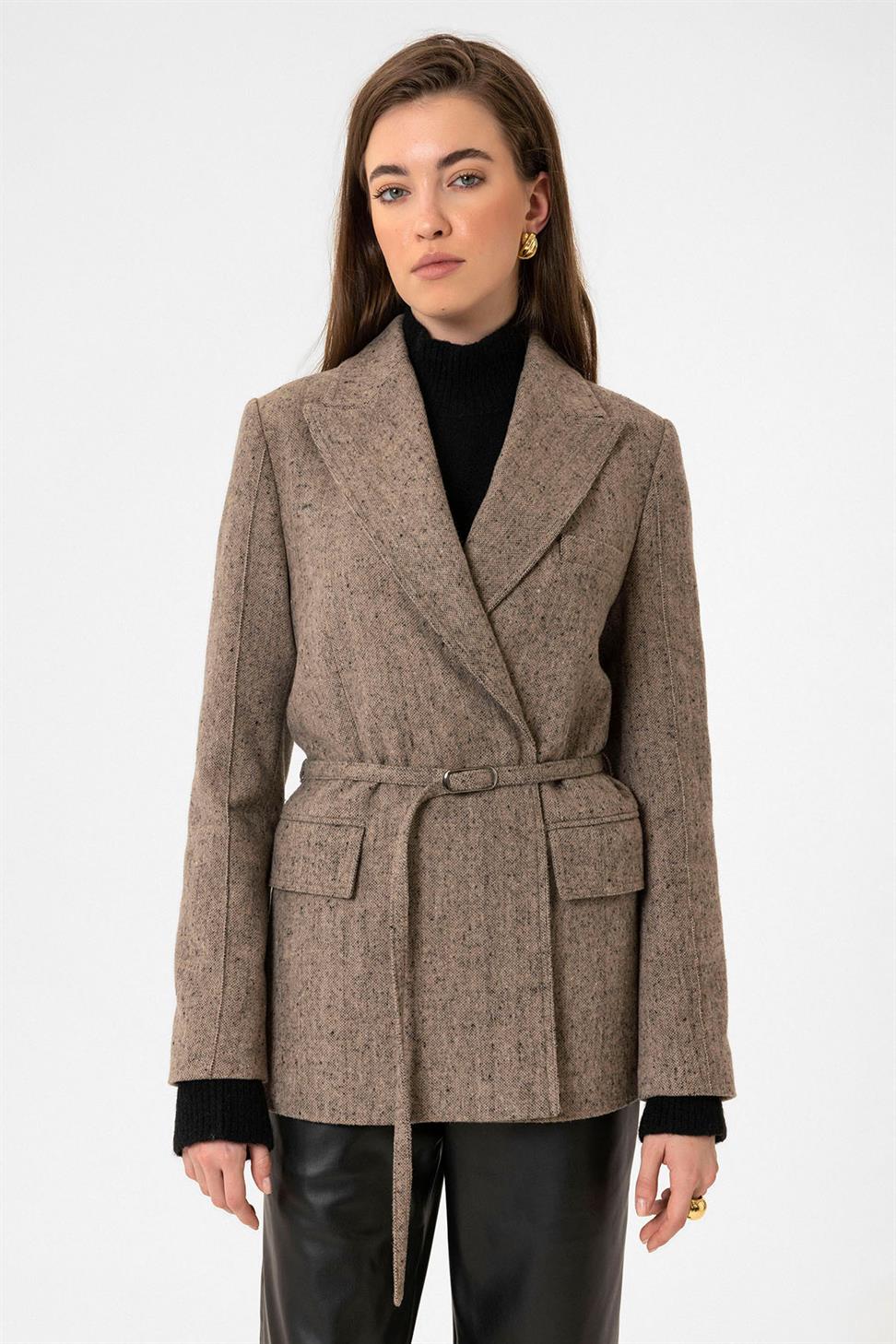 Antioch Camel Kadın Kemerli Dokulu Blazer Ceket