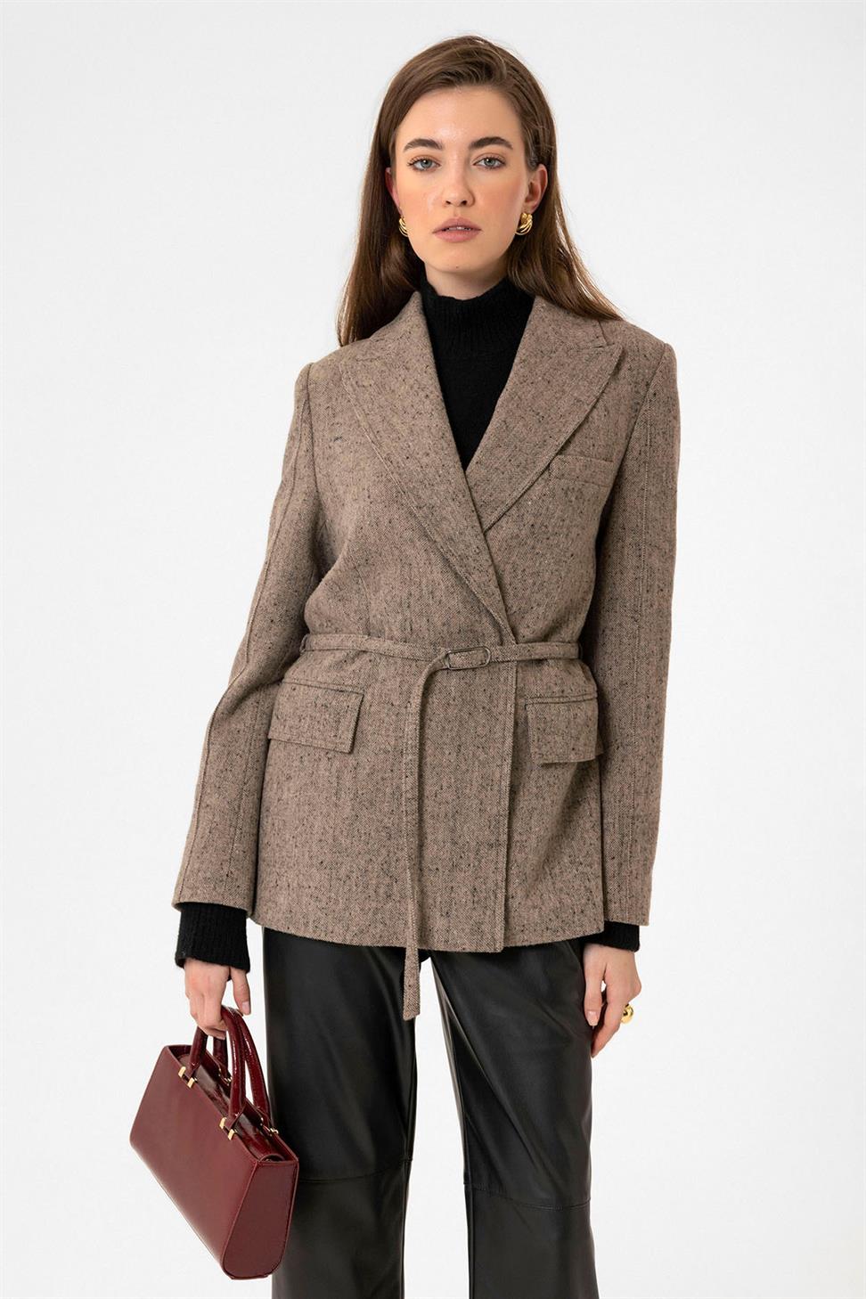 Antioch Camel Kadın Kemerli Dokulu Blazer Ceket