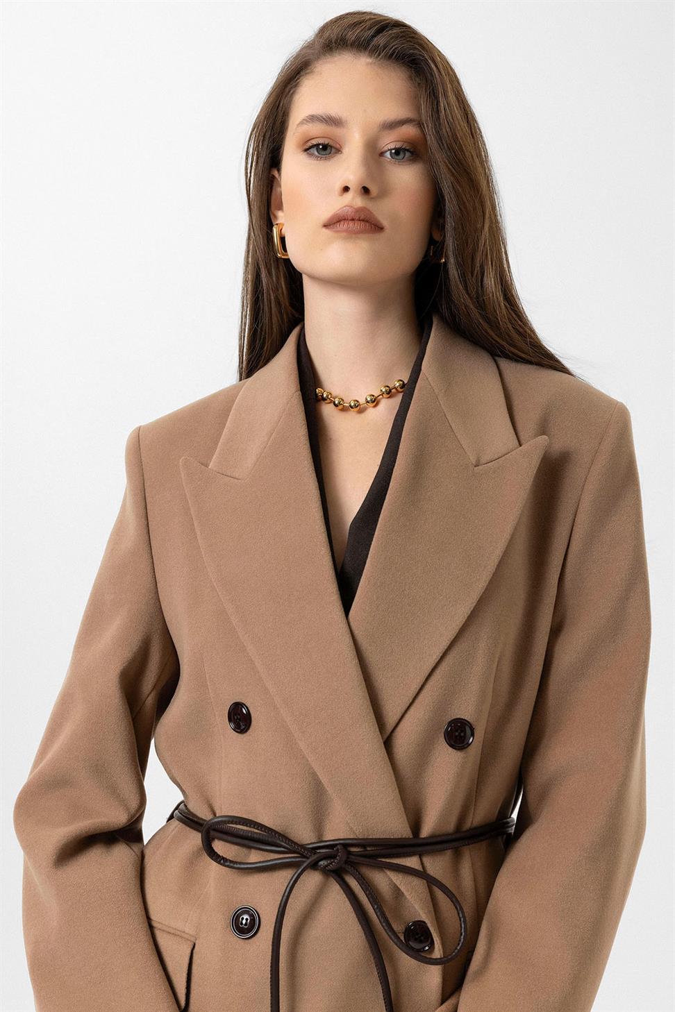 Antioch Camel Kadın Kemerli Kruvaze Kaban