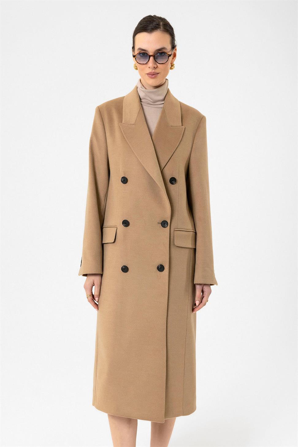 Antioch Camel Kadın Kruvaze Uzun Kaban