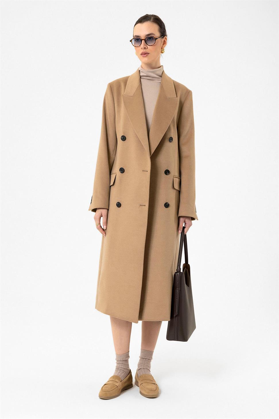 Antioch Camel Kadın Kruvaze Uzun Kaban