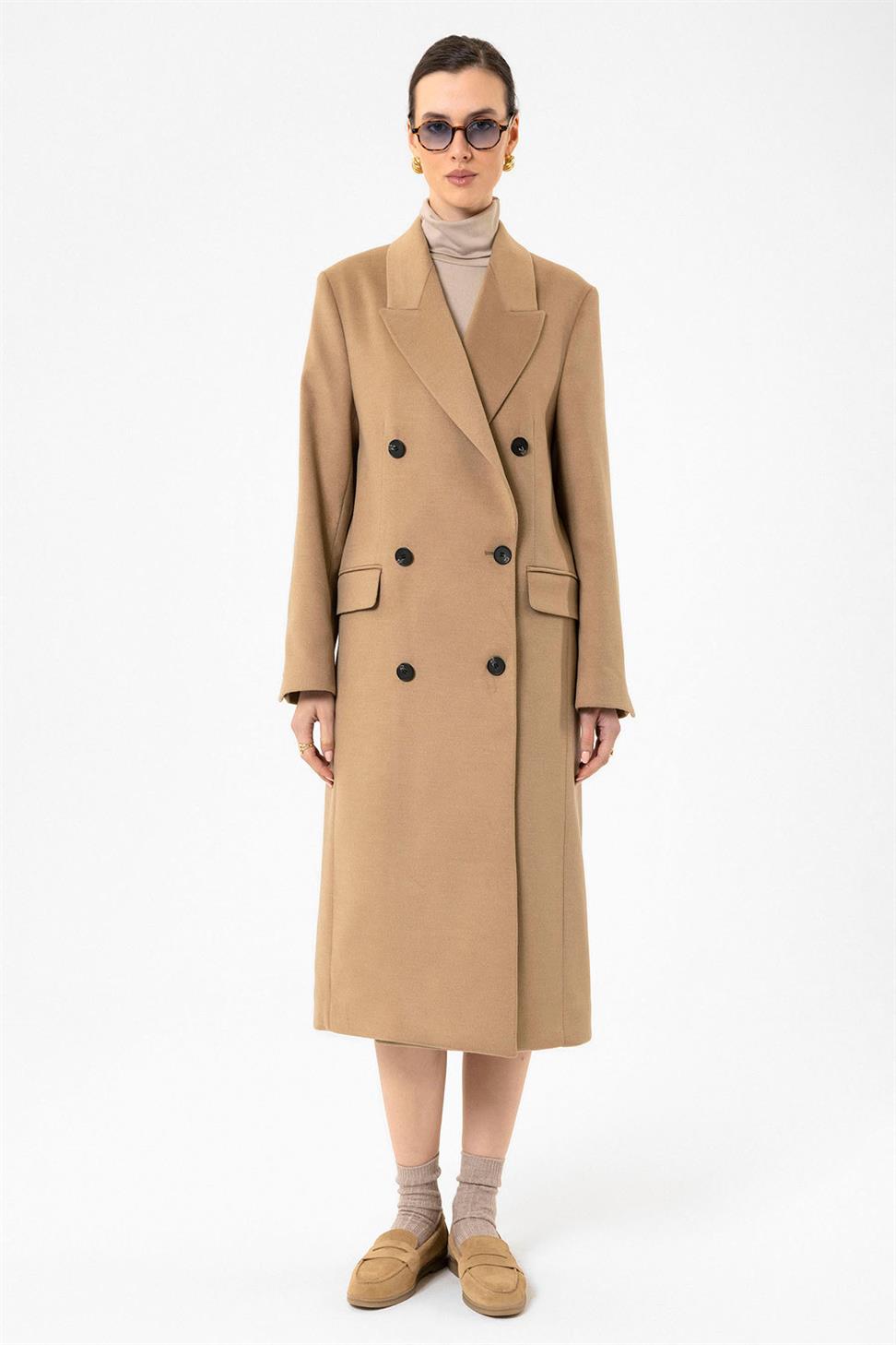 Antioch Camel Kadın Kruvaze Uzun Kaban