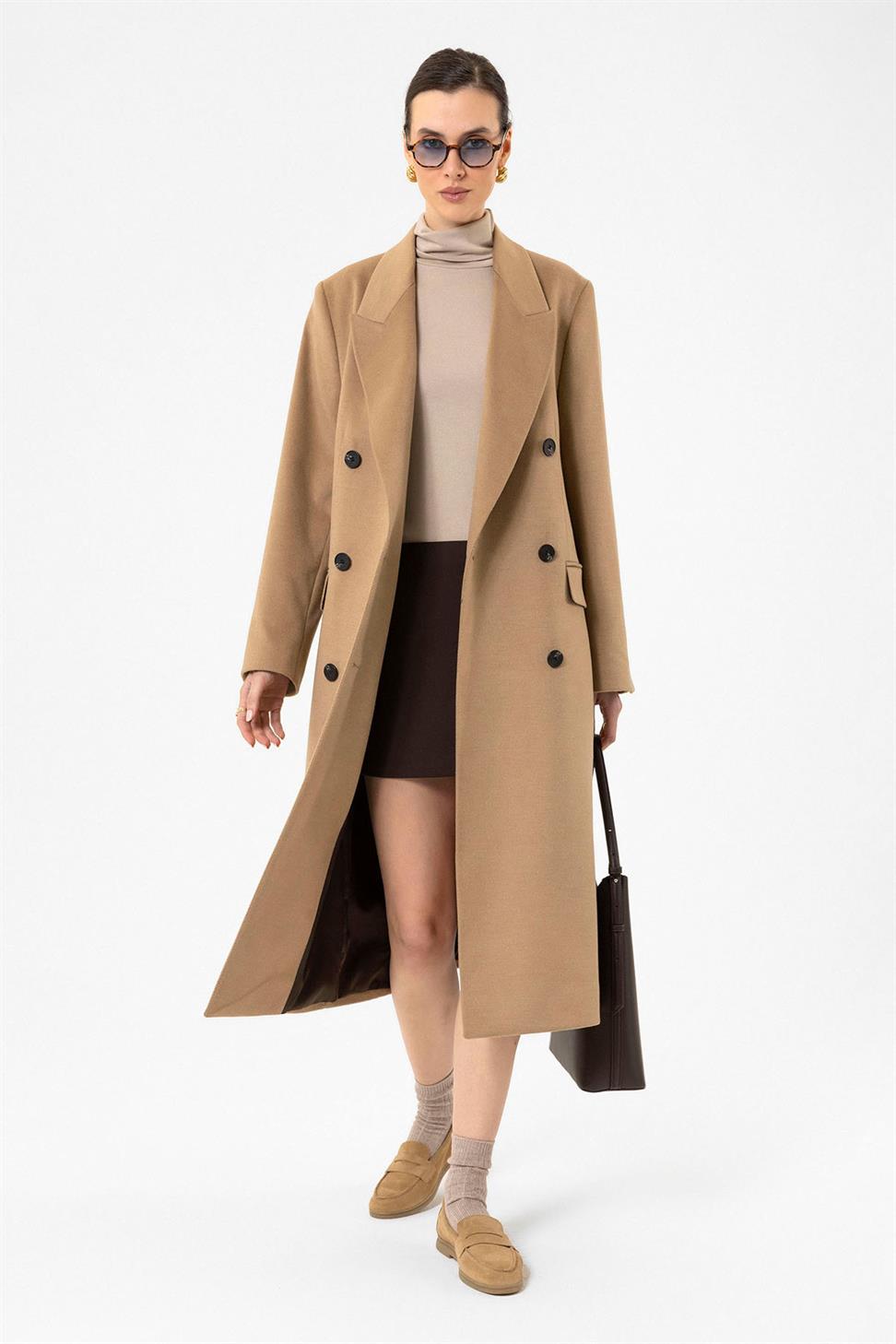 Antioch Camel Kadın Kruvaze Uzun Kaban