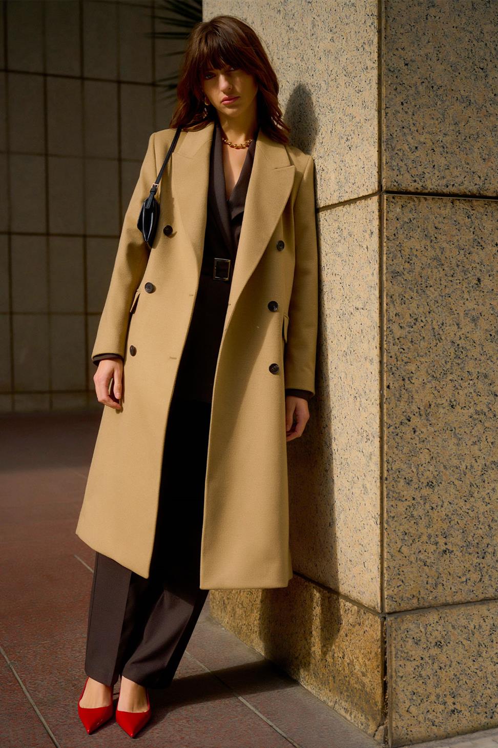 Antioch Camel Kadın Kruvaze Uzun Kaban