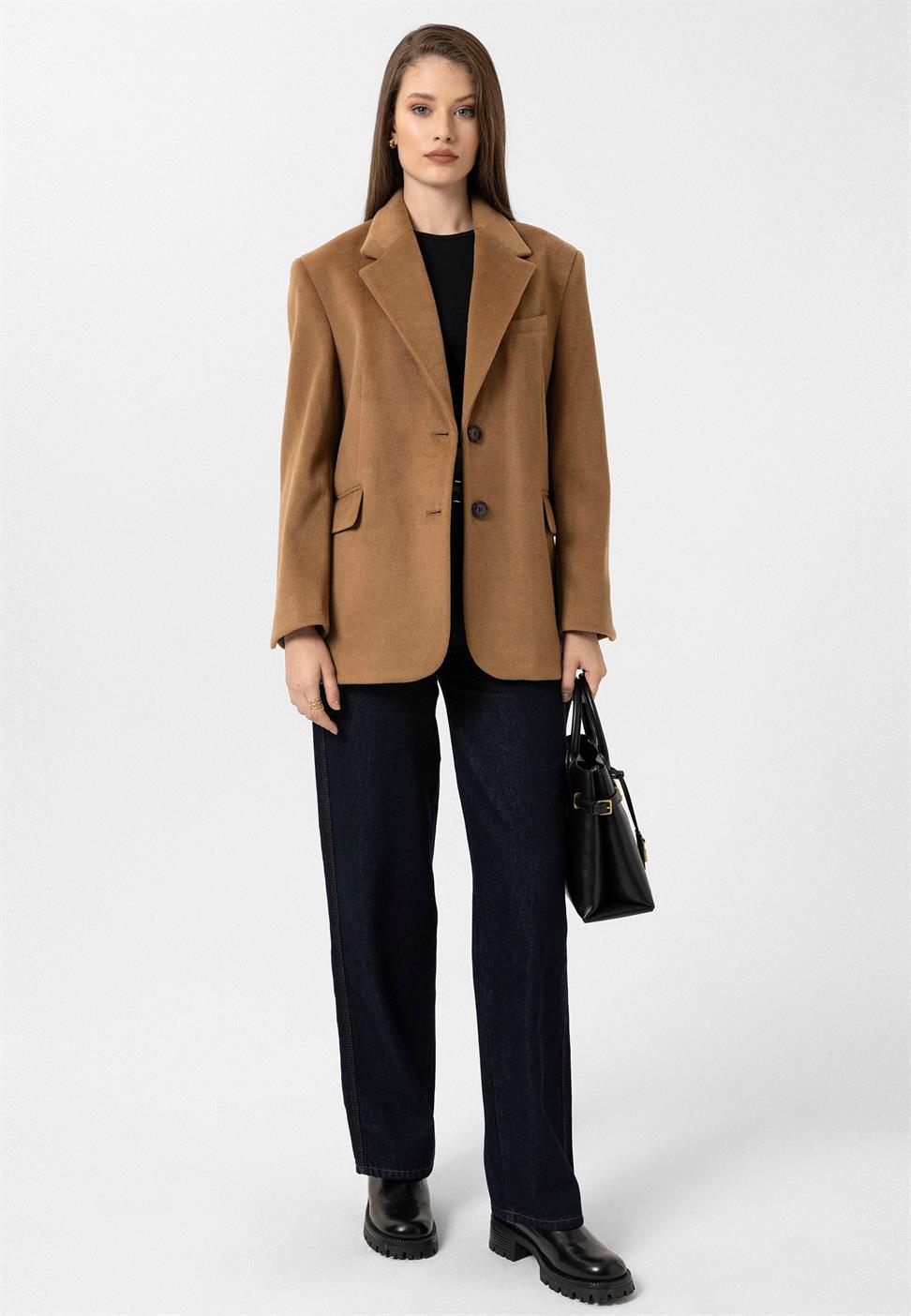 Antioch Camel Kadın Yün Karışımlı Blazer Ceket