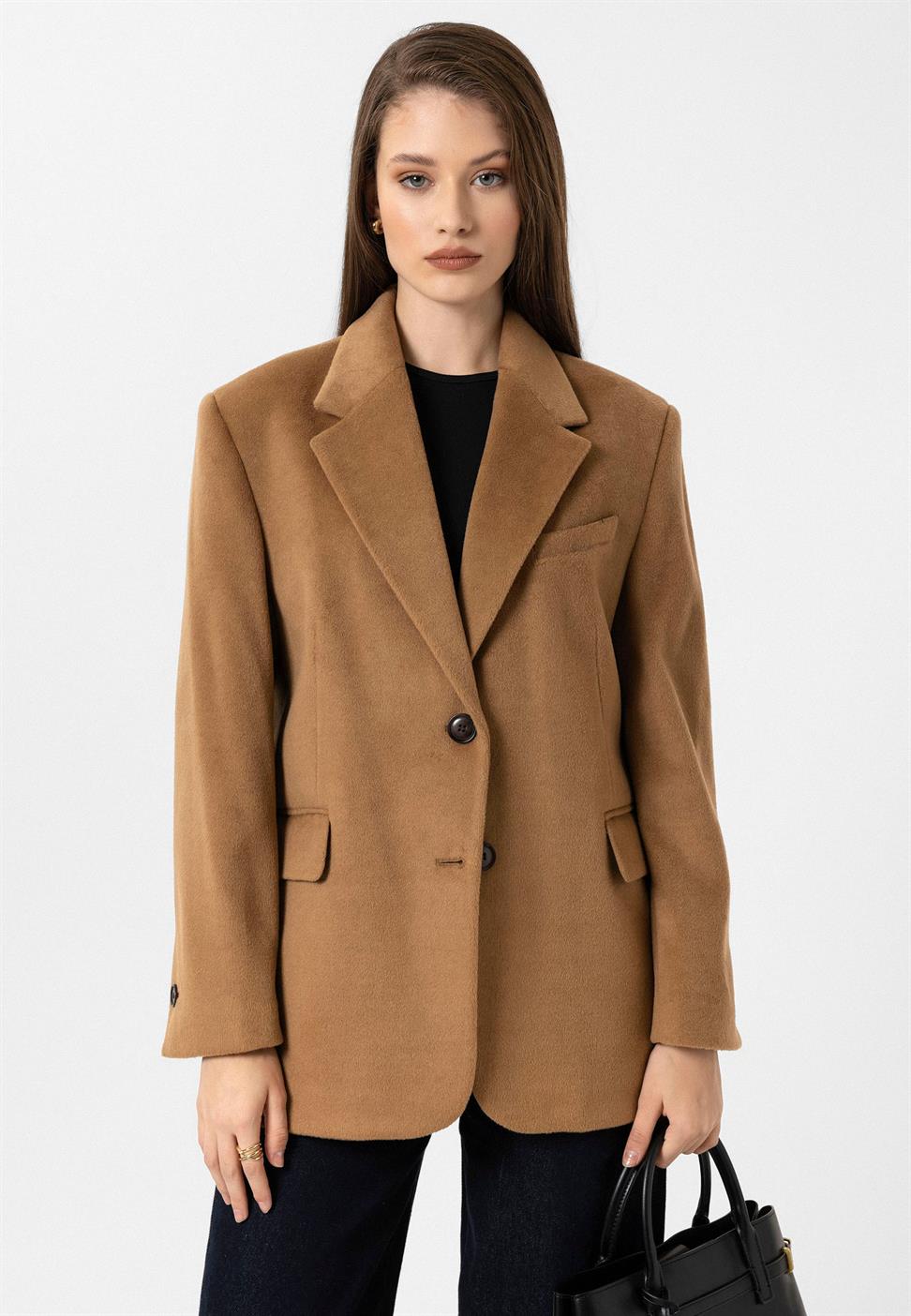 Antioch Camel Kadın Yün Karışımlı Blazer Ceket