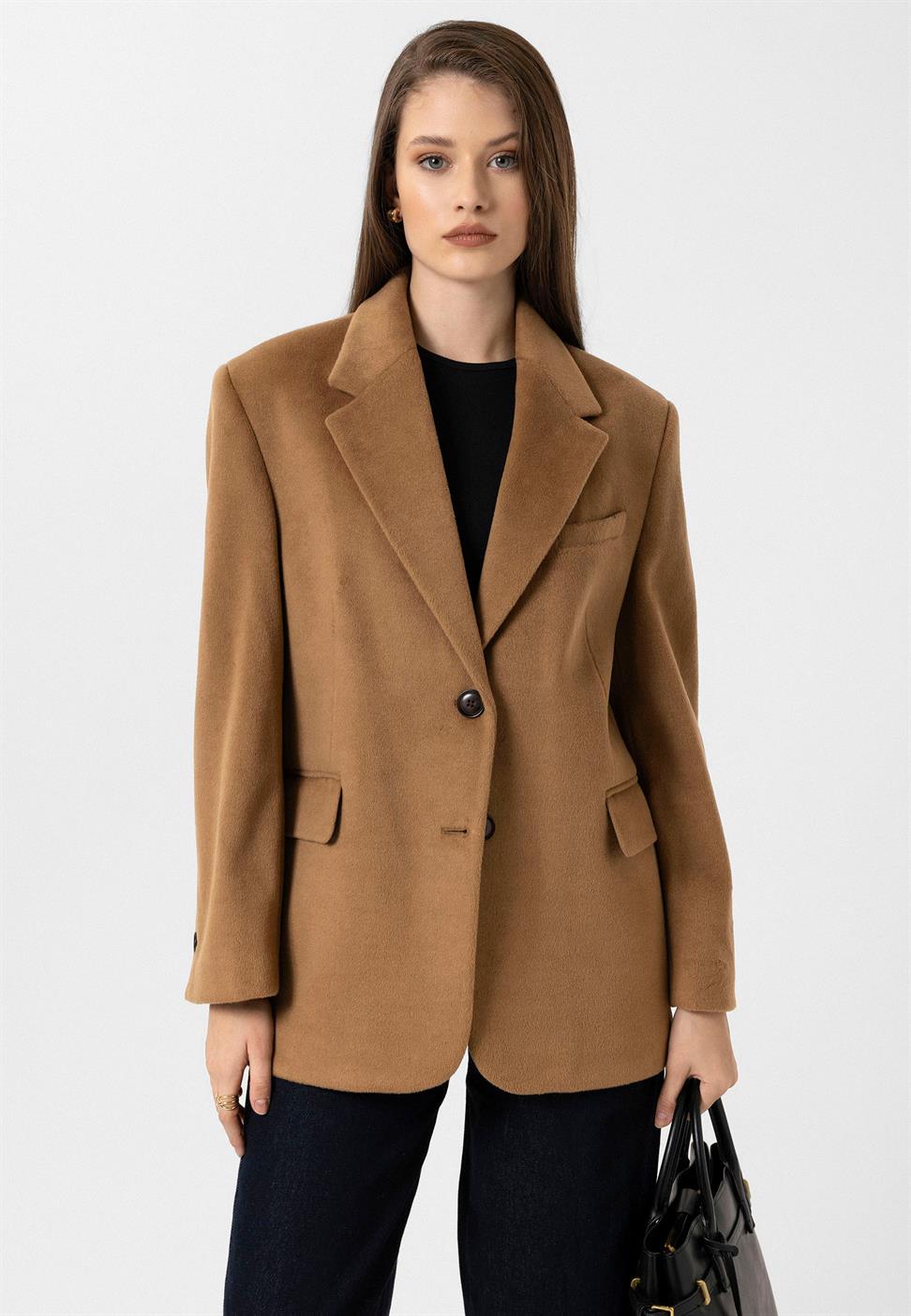 Antioch Camel Kadın Yün Karışımlı Blazer Ceket