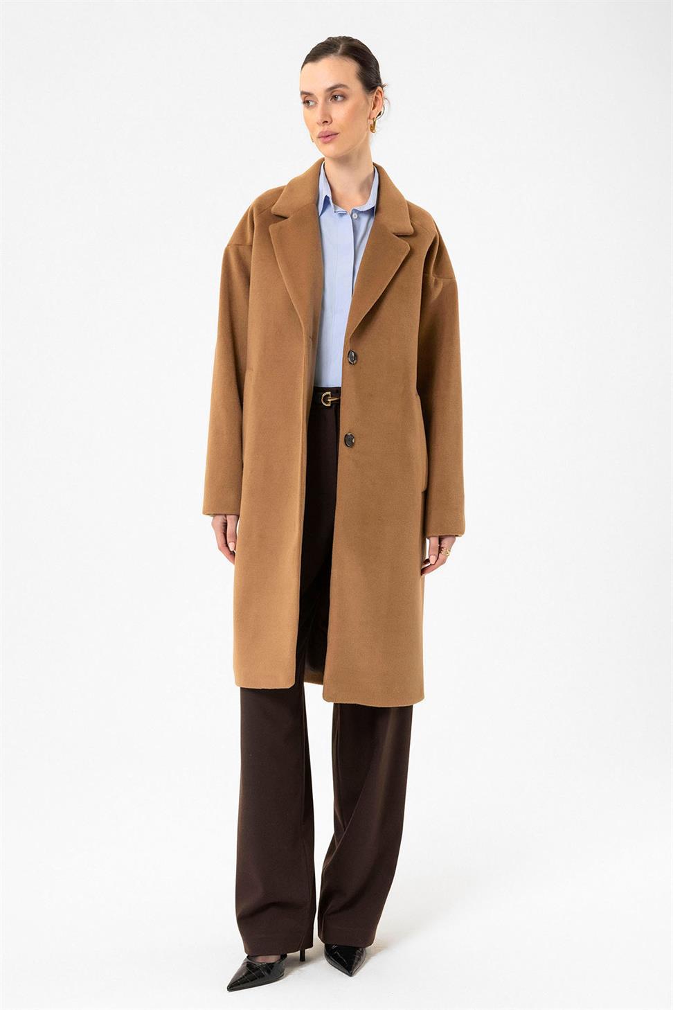 Antioch Camel Kadın Yün Karışımlı Dokulu Kaban