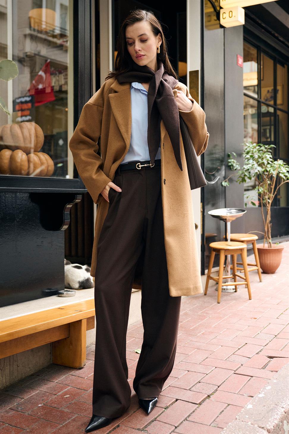 Antioch Camel Kadın Yün Karışımlı Dokulu Kaban