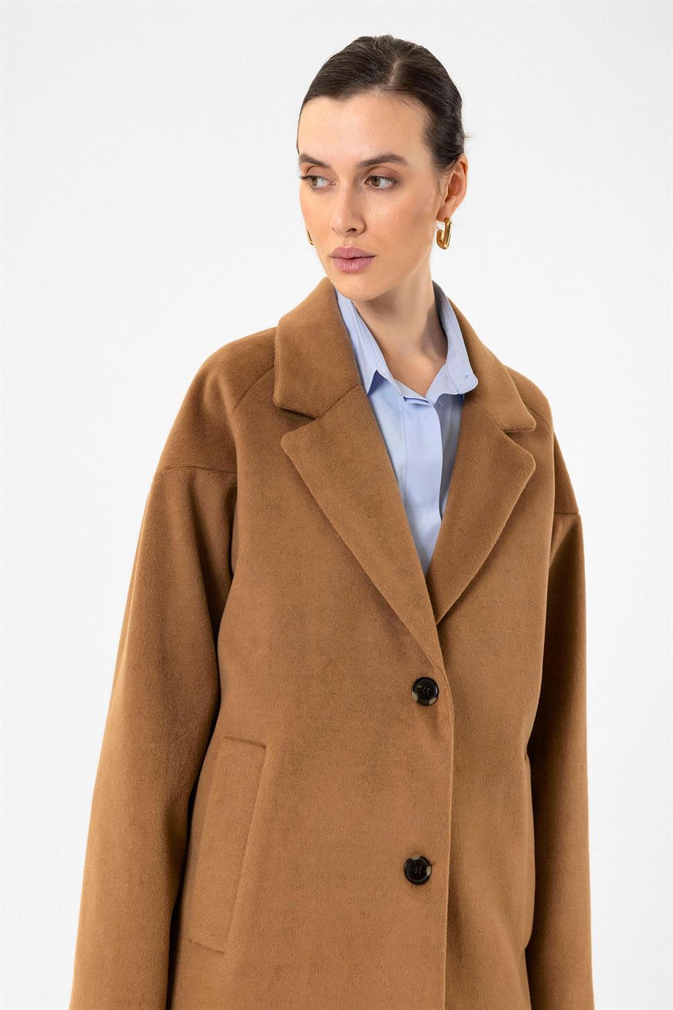 Antioch Camel Kadın Yün Karışımlı Dokulu Kaban