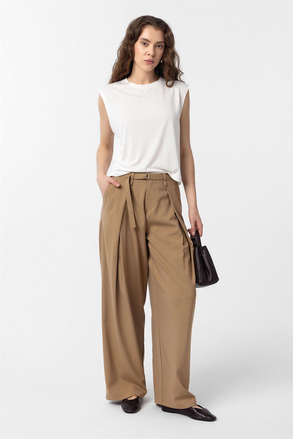 Antioch Camel Kemerli Pilili Kadın Pantolon