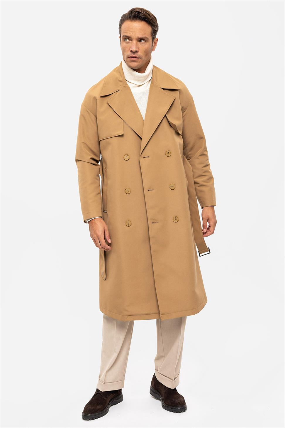 Antioch Camel Kruvaze Kapama Kemerli Trençkot