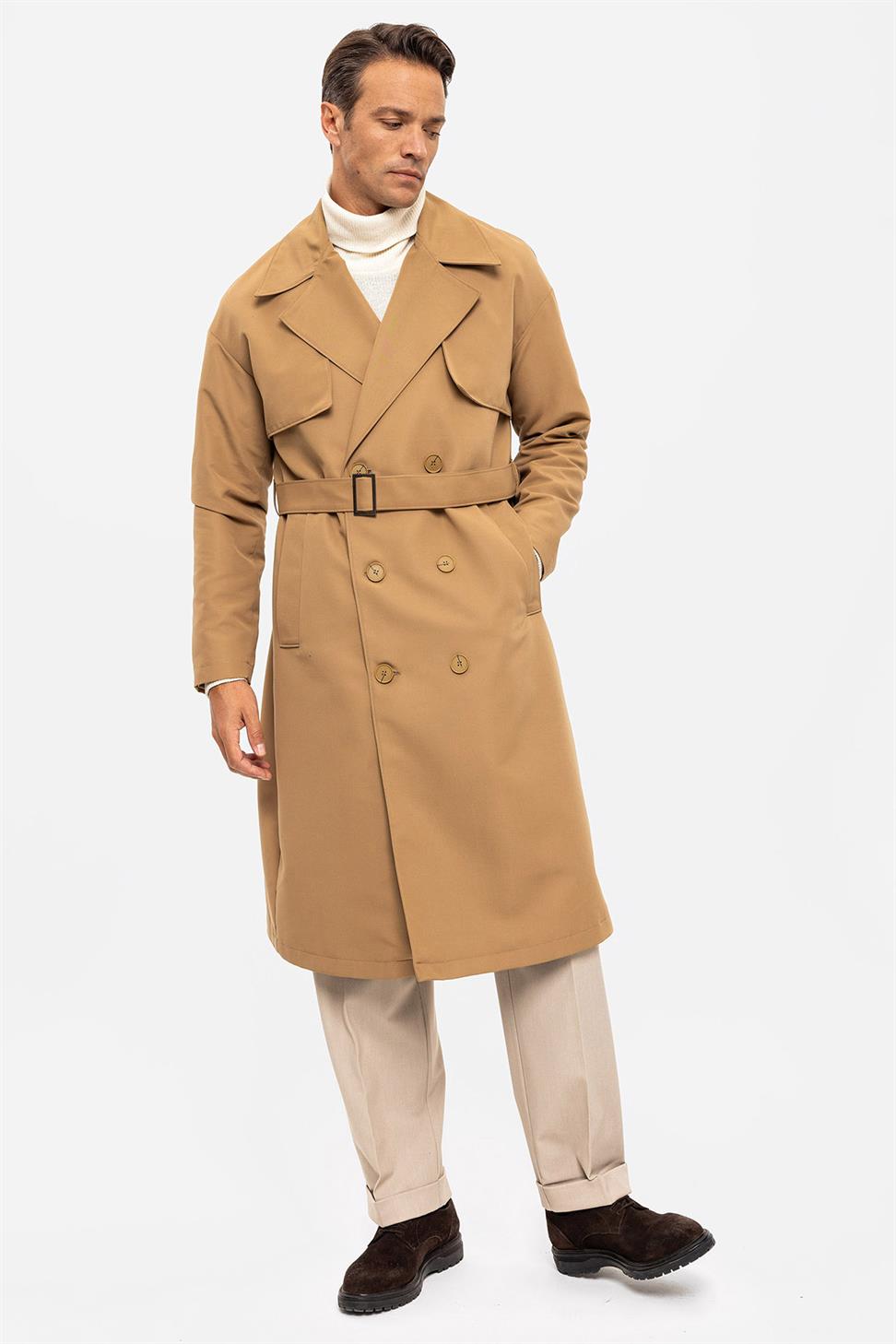 Antioch Camel Kruvaze Kapama Kemerli Trençkot