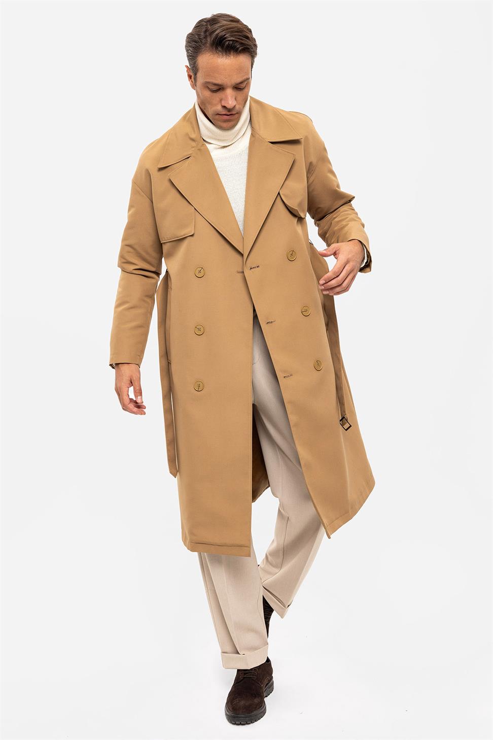 Antioch Camel Kruvaze Kapama Kemerli Trençkot