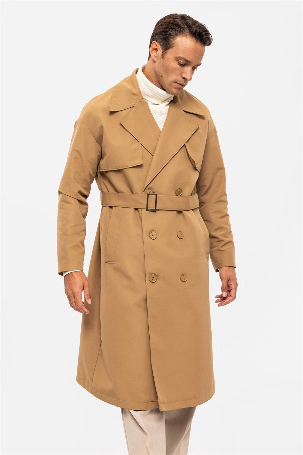 Antioch Camel Kruvaze Kapama Kemerli Trençkot