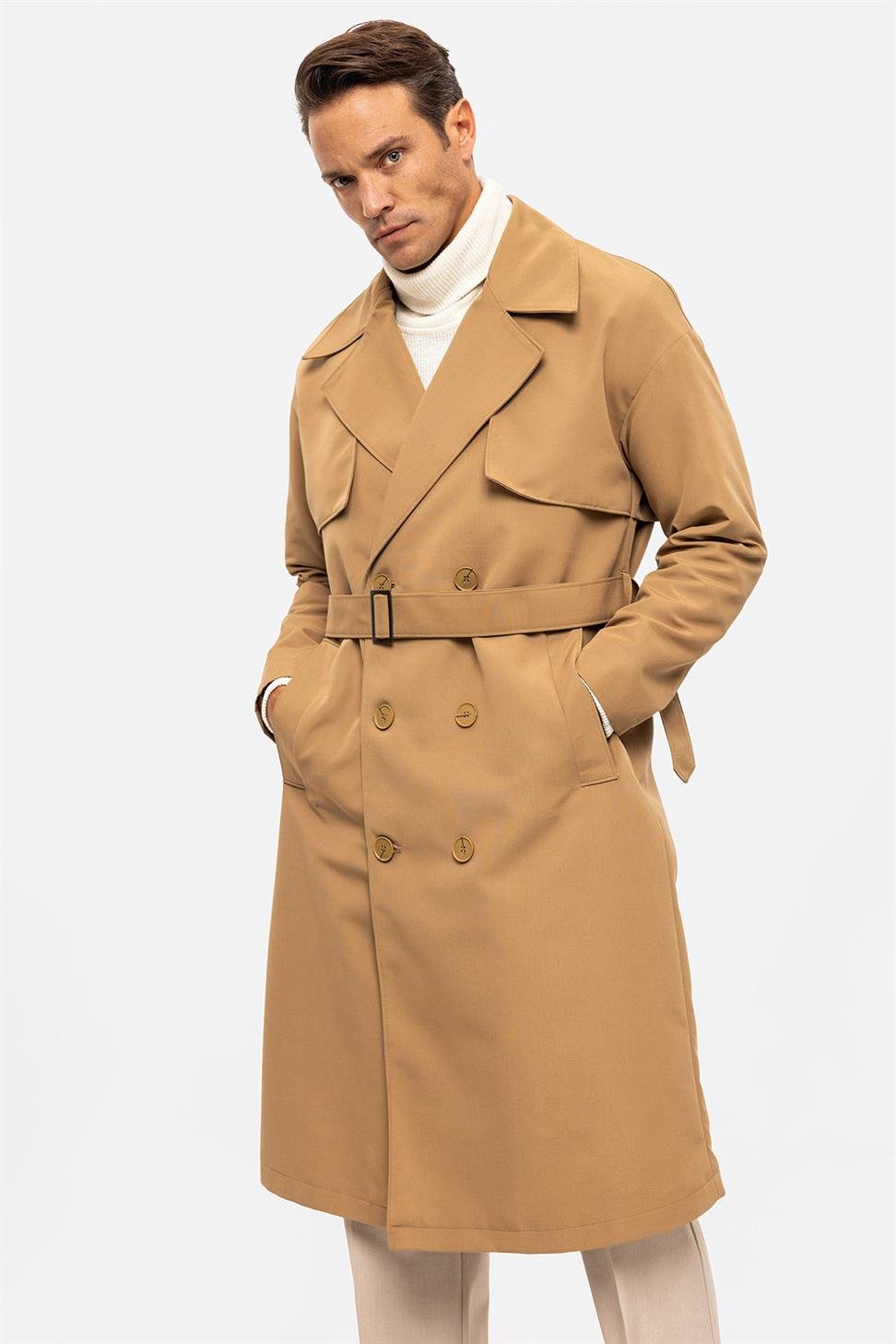 Antioch Camel Kruvaze Kapama Kemerli Trençkot