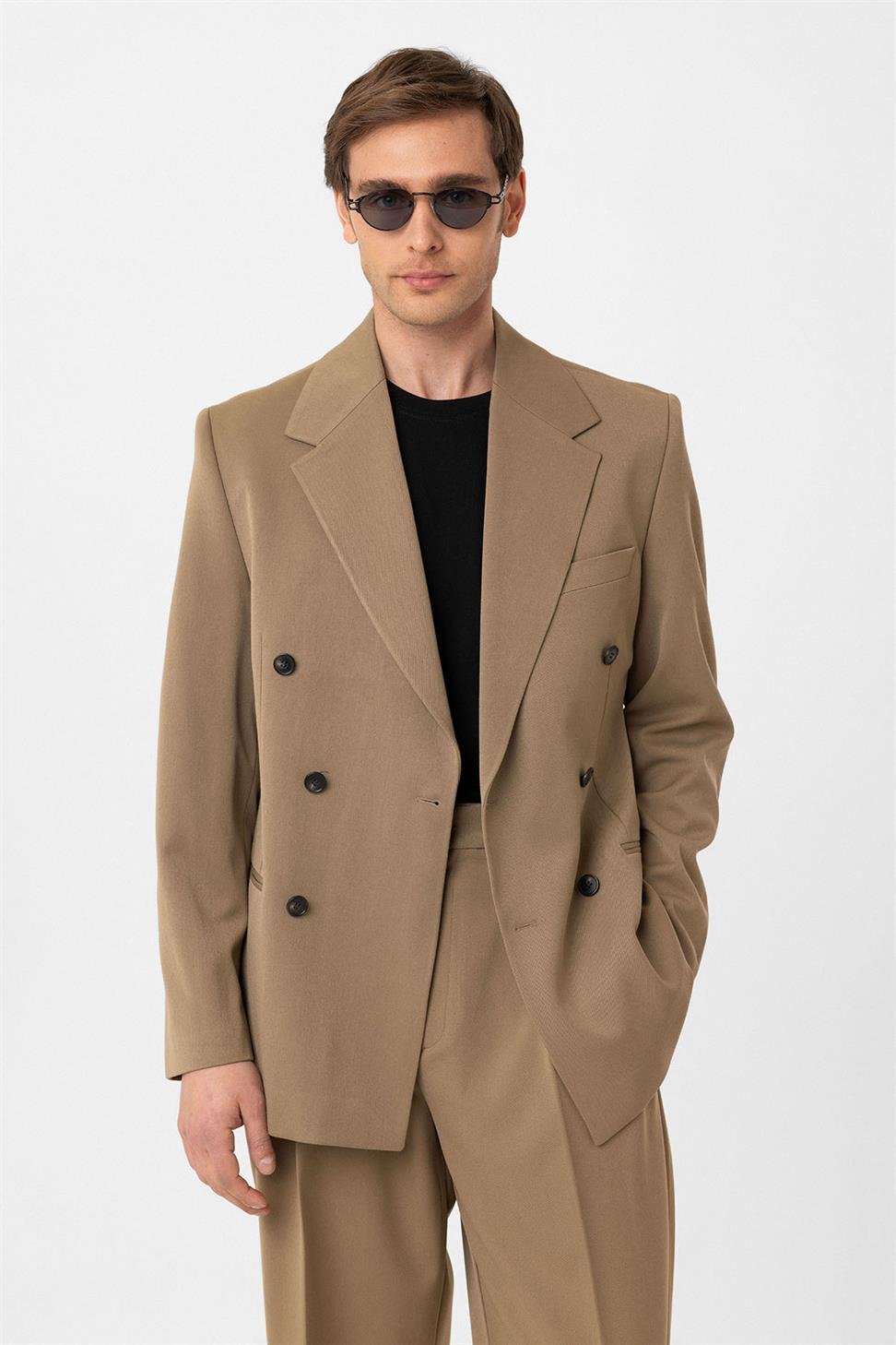 Antioch Camel Relax Fit Kruvaze Erkek Blazer Ceket