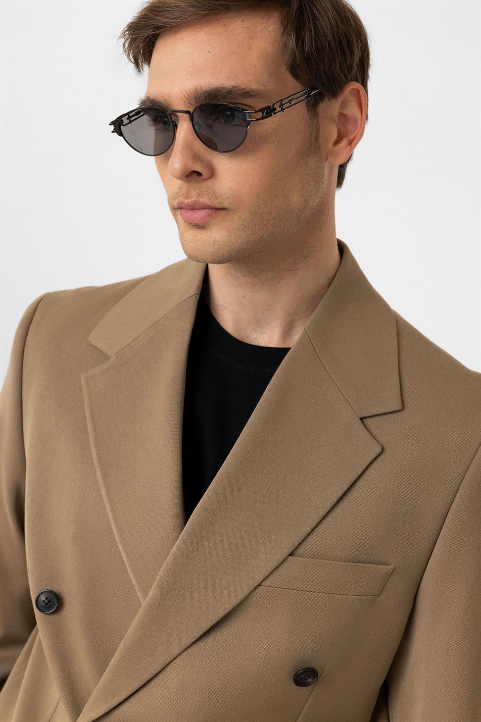 Antioch Camel Relax Fit Kruvaze Erkek Blazer Ceket