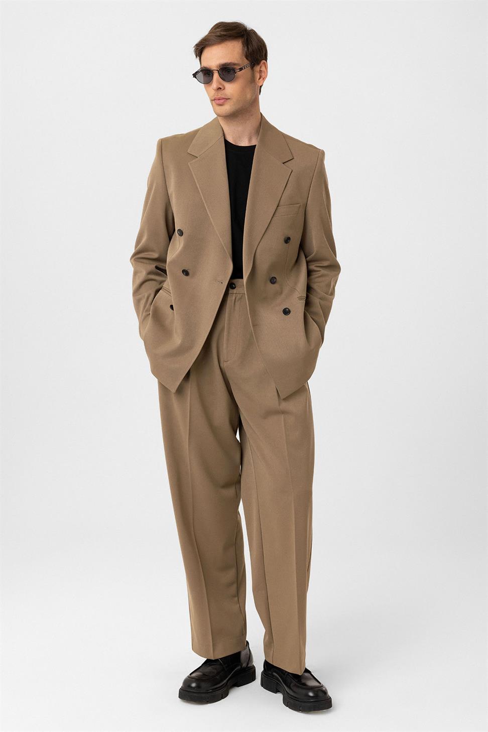 Antioch Camel Relax Fit Kruvaze Erkek Blazer Ceket