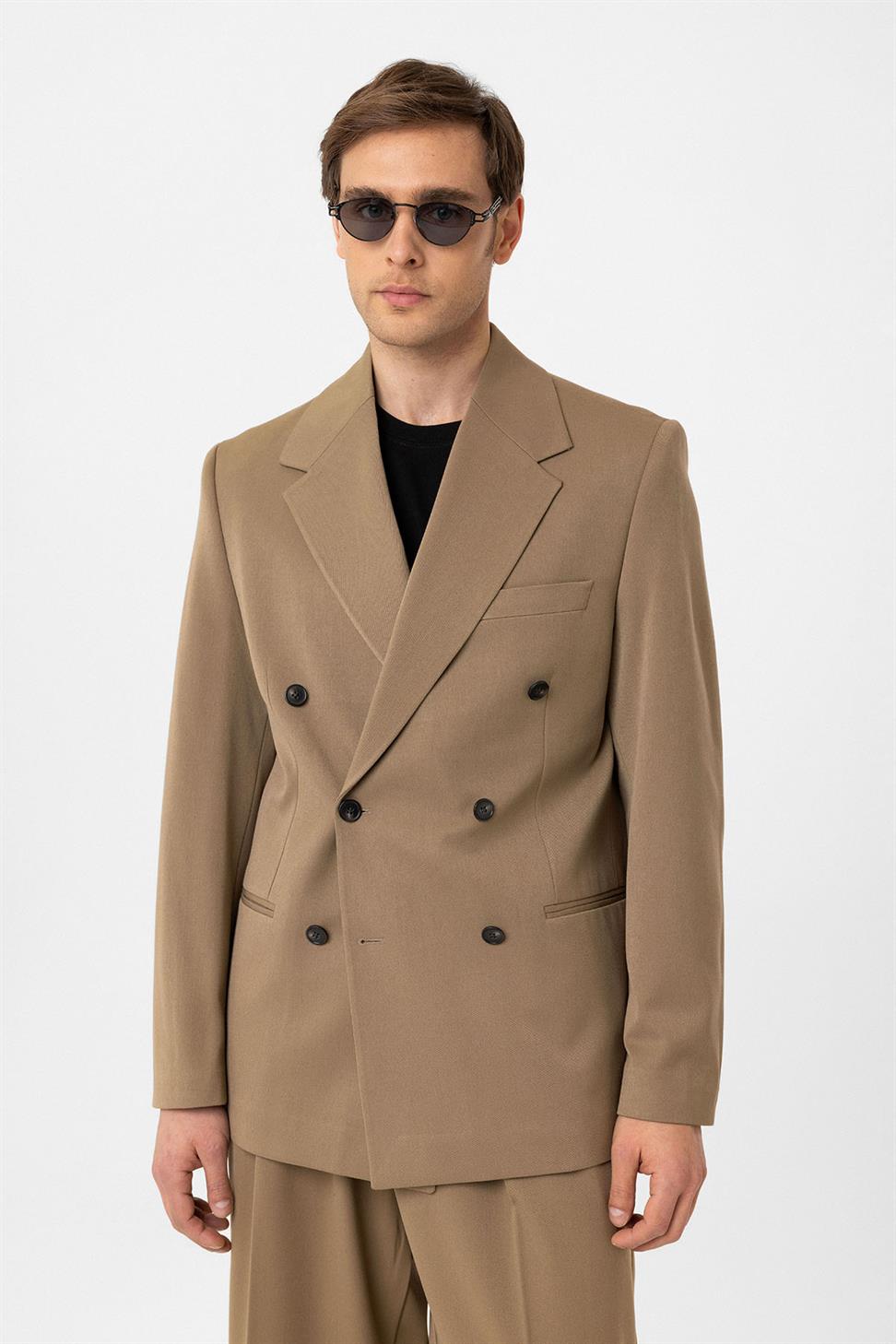 Antioch Camel Relax Fit Kruvaze Erkek Blazer Ceket